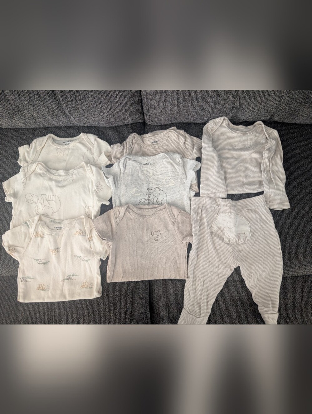 Carter's 6 Month Elephant Print Beige & Gray Baby One-Piece Bodysuit And Pants.